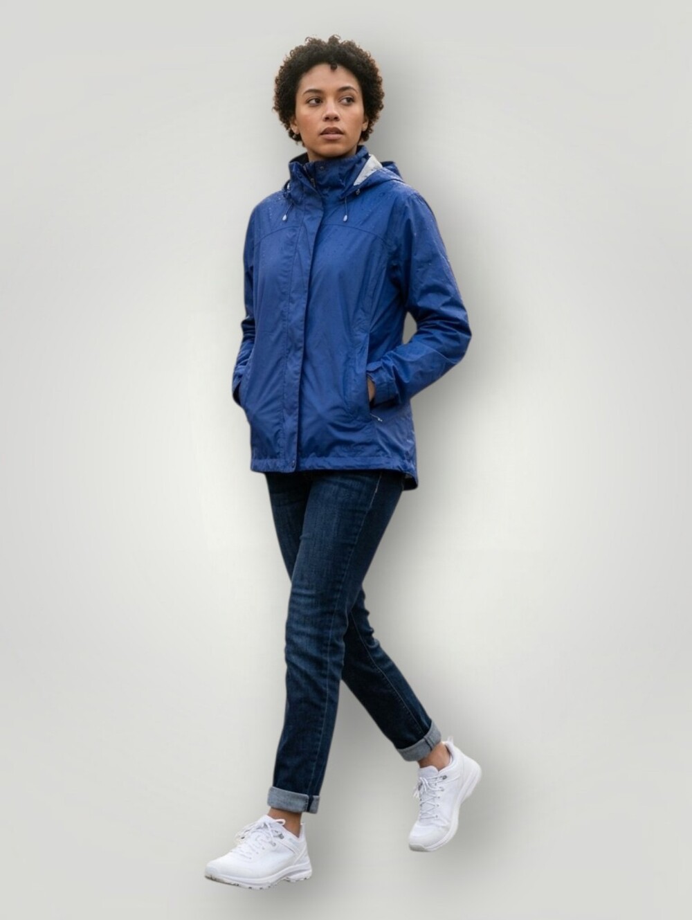 LL Bean Womens Large Navy Blue Packable Rain Jacket TEK O2 Hooded Full Zip